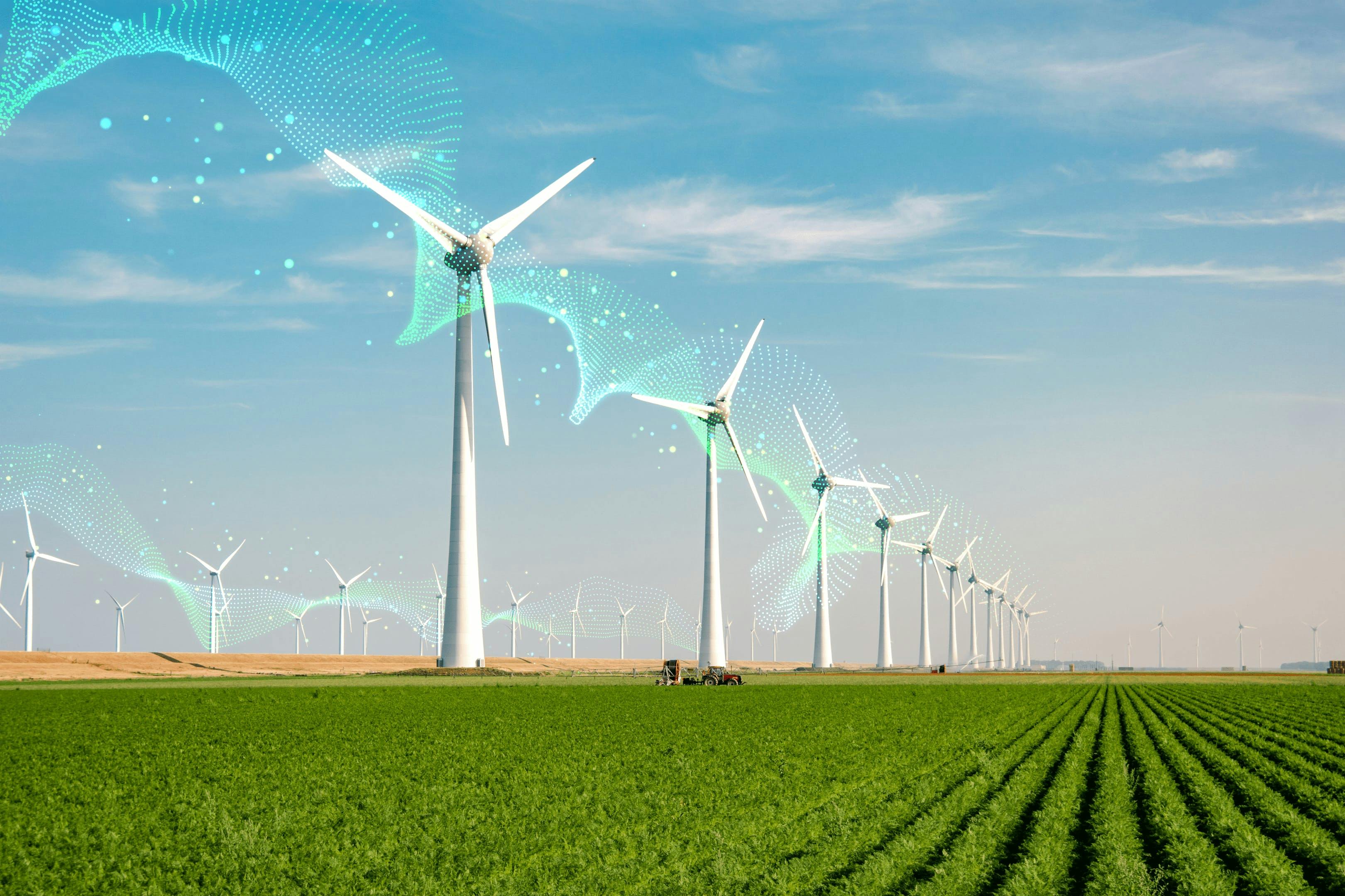 Windmills are lined up along a grassy field of crops. There are dots and lines in a neon blue connecting the windmills in the sky